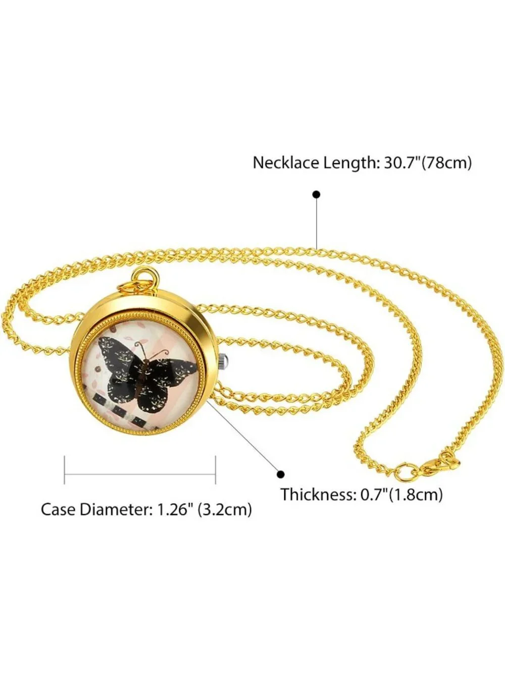 Women's Gold Analog Quartz Butterfly Vintage Pendant Necklace Chain Pocket Watch